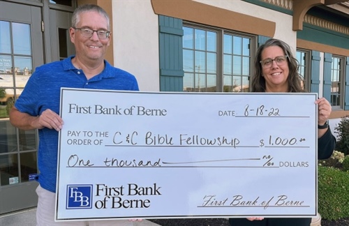 First Bank of Berne donates to C&C Bible Fellowship for their Special Needs Events