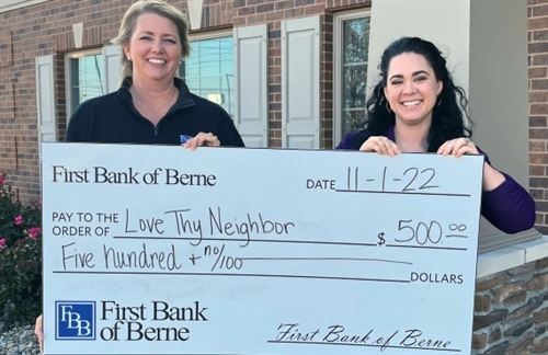 FIRST BANK OF BERNE DONATES TO THE LOVE THY NEIGHBOR PROJECT