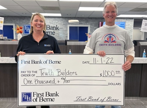 FIRST BANK OF BERNE DONATES TO TRUTH BUILDERS