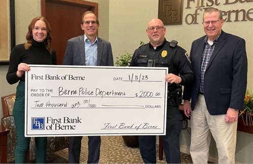 FIRST BANK OF BERNE DONATES TO THE BERNE POLICE DEPARTMENT