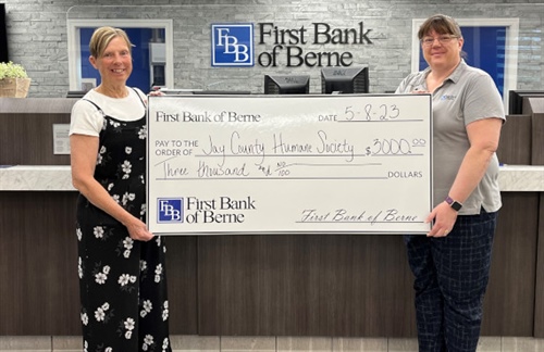 FIRST BANK OF BERNE DONATES TO JAY COUNTY Humane Society