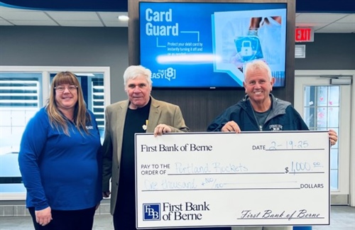 First Bank of Berne Supports Portland Rockets with $1000 Donation for New Storage Facility