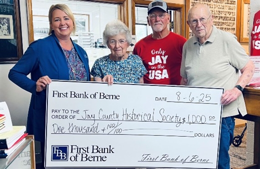 First Bank of Berne Supports Jay County Heritage Festival with Donation to Historical Society
